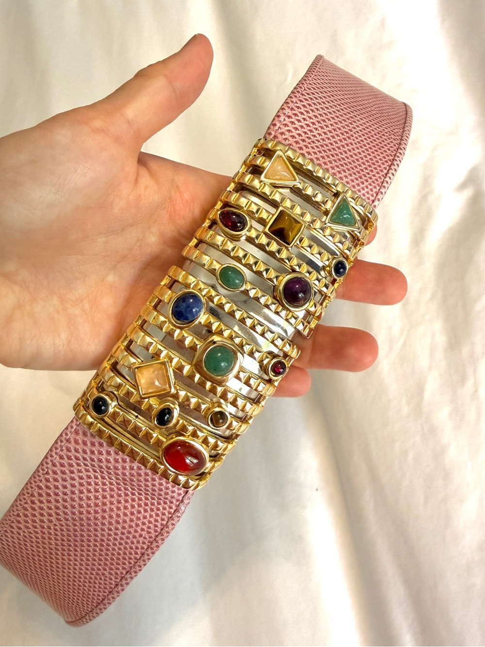 Pink Judith Leiber Jeweled lizard leather Belt /cabochon stones Couture Piece